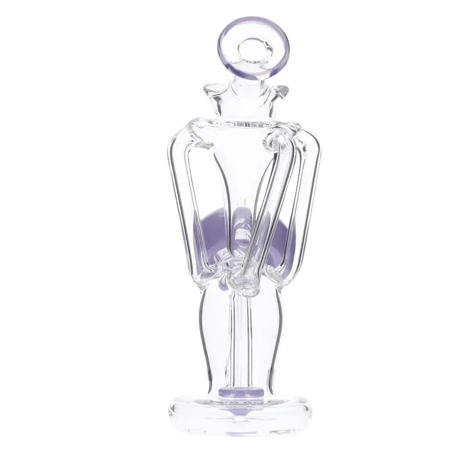 Front view of the Bent Neck Dab Rig Recycler-Milky Purple-6in(RCL-S-034MPP) showing its clear glass bent-neck body with purple accents and open cage-style loops.