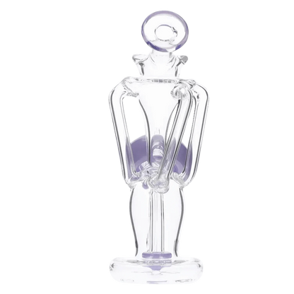 Front view of the Bent Neck Dab Rig Recycler-Milky Purple-6in(RCL-S-034MPP) showing its clear glass bent-neck body with purple accents and open cage-style loops.