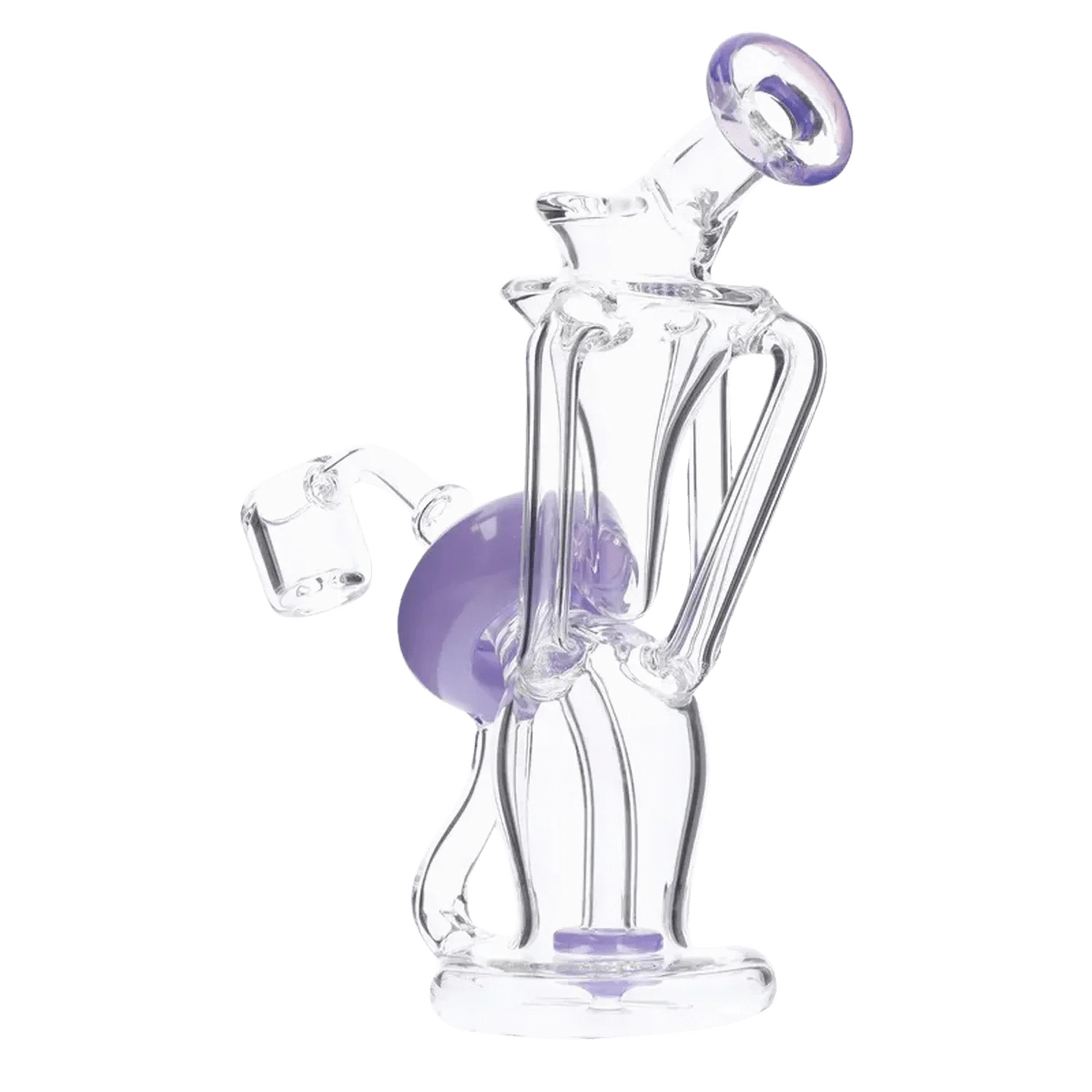 Angled close-up of the Bent Neck Dab Rig Recycler-Milky Purple-6in(RCL-S-034MPP) showing a clear glass bent neck, purple accent sphere and matching mouthpiece.