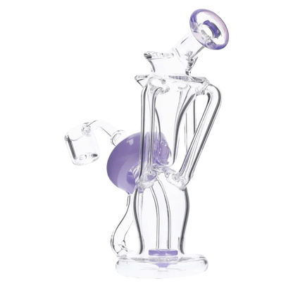 Angled close-up of the Bent Neck Dab Rig Recycler-Milky Purple-6in(RCL-S-034MPP) showing a clear glass bent neck, purple accent sphere and matching mouthpiece.