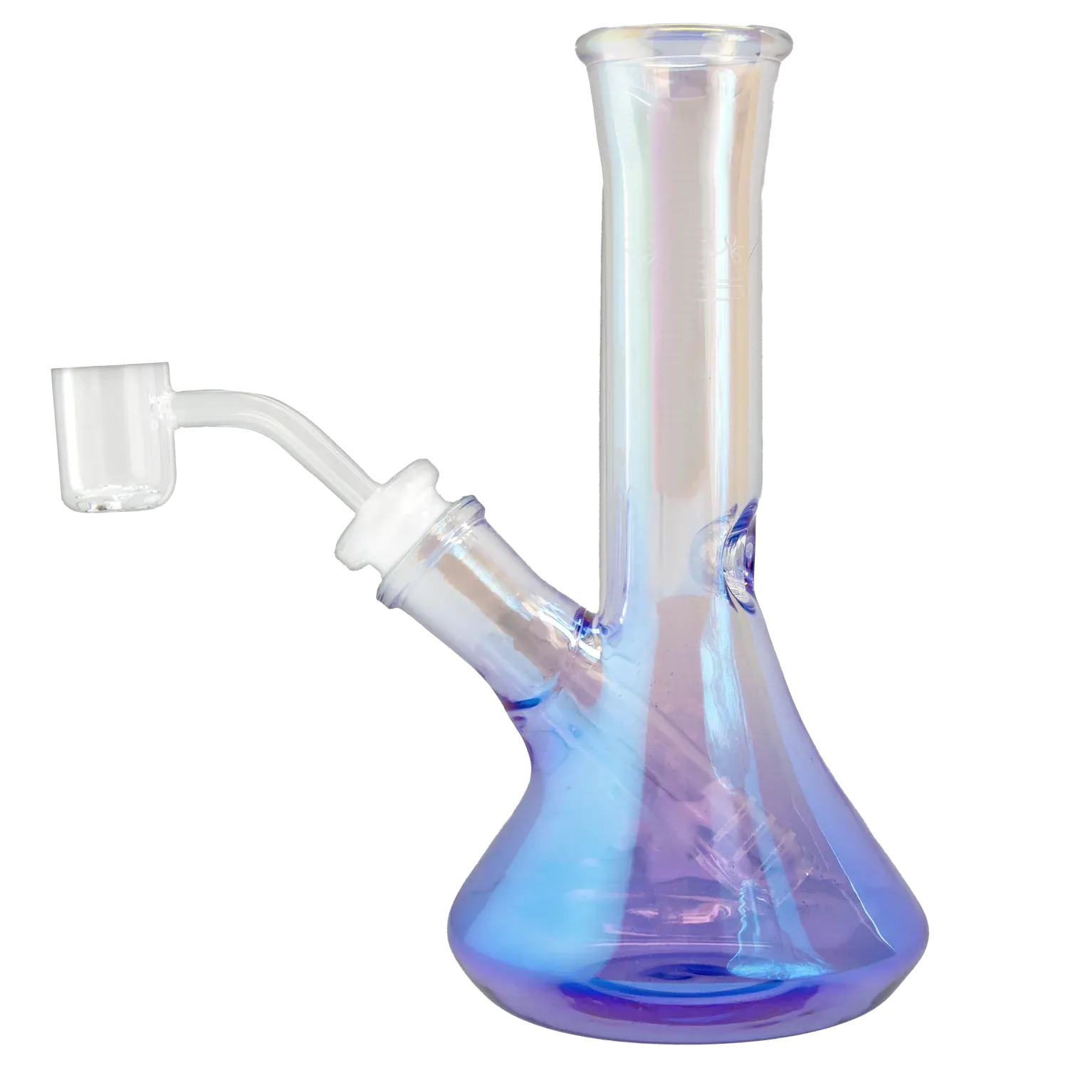 Angled close-up of the iridescent purple Queen of Bud Amethyst 7" Dab Rig showing its flared base, straight neck, and clear quartz banger.