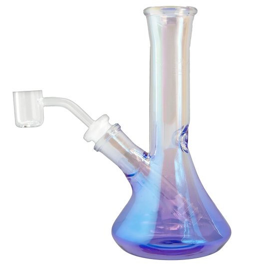 Angled close-up of the iridescent purple Queen of Bud Amethyst 7" Dab Rig showing its flared base, straight neck, and clear quartz banger.