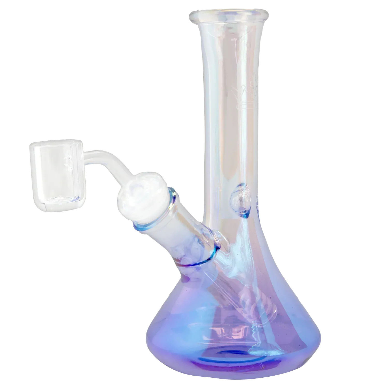 Angled close-up of the iridescent Queen of Bud Amethyst 7" Dab Rig showing its beaker base and joint.