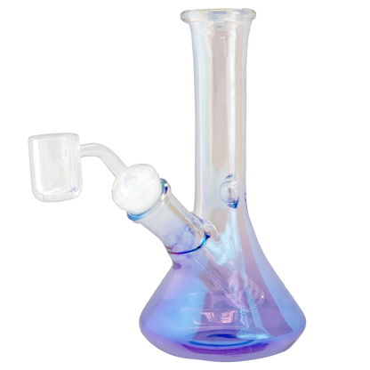Angled close-up of the iridescent Queen of Bud Amethyst 7" Dab Rig showing its beaker base and joint.