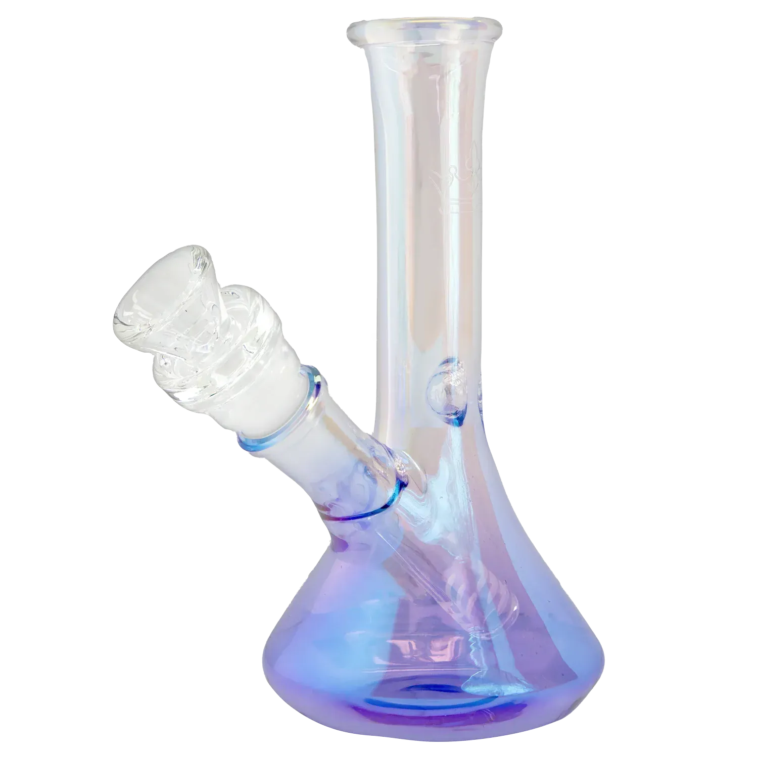 Angled close-up of the iridescent purple Queen of Bud Amethyst 7" Dab Rig showing the slanted joint, beaker base and straight neck.