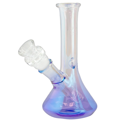 Angled close-up of the iridescent purple Queen of Bud Amethyst 7" Dab Rig showing the slanted joint, beaker base and straight neck.