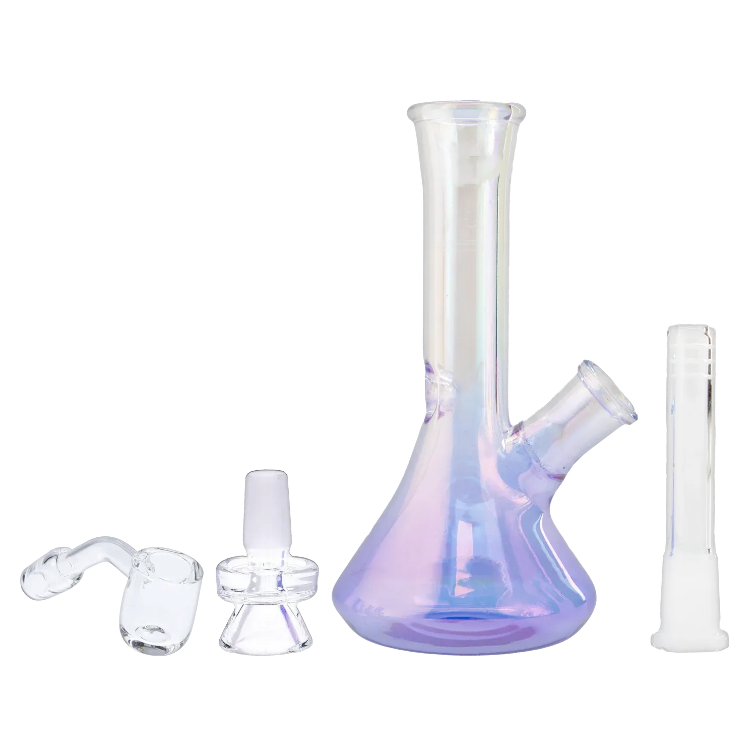 Diagonal front view of the iridescent purple Queen of Bud Amethyst 7" Dab Rig with its beaker base and accessories.