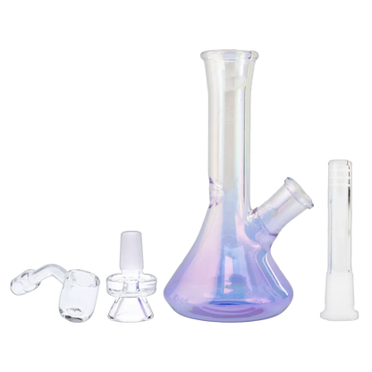 Diagonal front view of the iridescent purple Queen of Bud Amethyst 7" Dab Rig with its beaker base and accessories.
