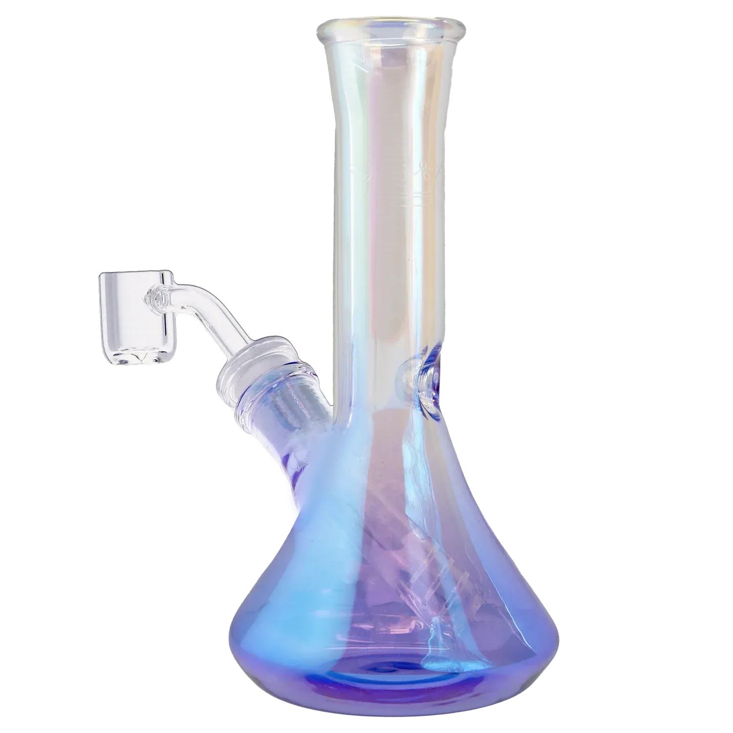 Close-up front view of the Queen of Bud Amethyst 7" Dab Rig showing its iridescent purple-blue beaker base and straight neck.