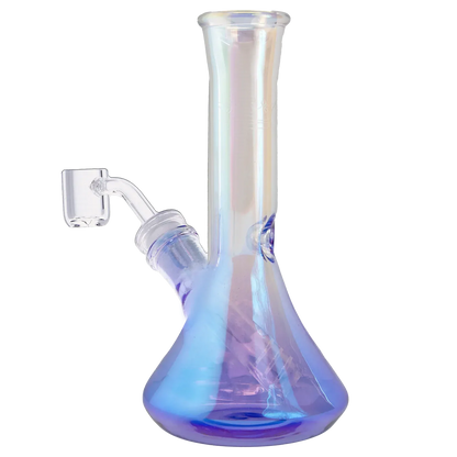 Close-up front view of the Queen of Bud Amethyst 7" Dab Rig showing its iridescent purple-blue beaker base and straight neck.
