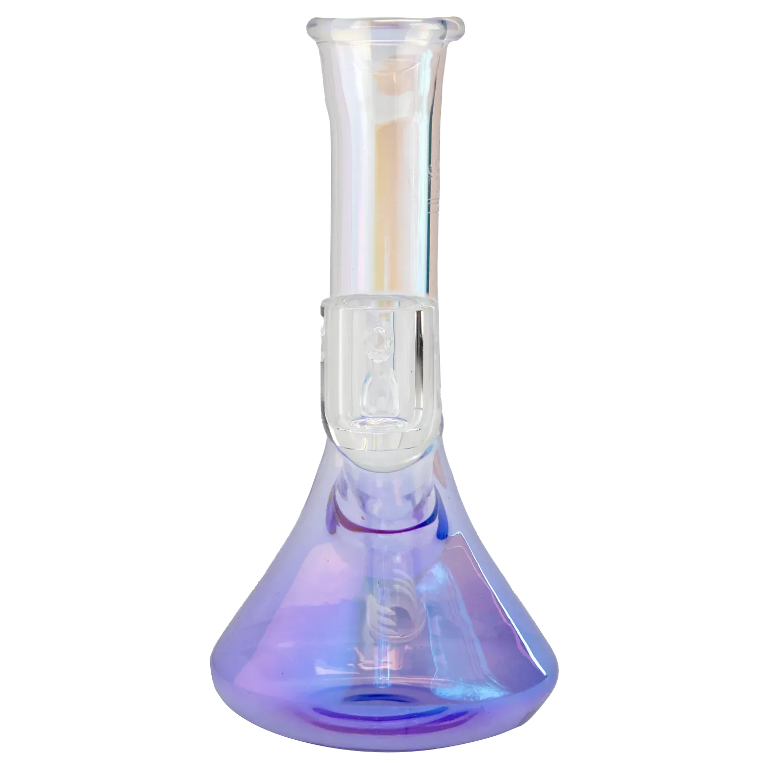 Close-up front view of the iridescent purple Queen of Bud Amethyst 7" Dab Rig showing its straight neck, clear joint, and flared beaker base