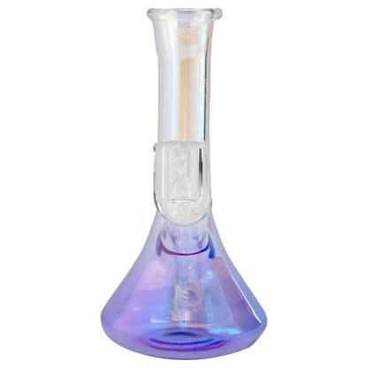 Close-up front view of the iridescent purple Queen of Bud Amethyst 7" Dab Rig showing its straight neck, clear joint, and flared beaker base