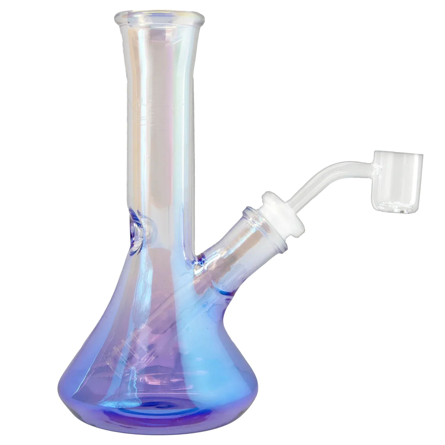 Close-up three-quarter view of the iridescent purple glass Queen of Bud Amethyst 7" Dab Rig showing its beaker base and angled quartz banger.
