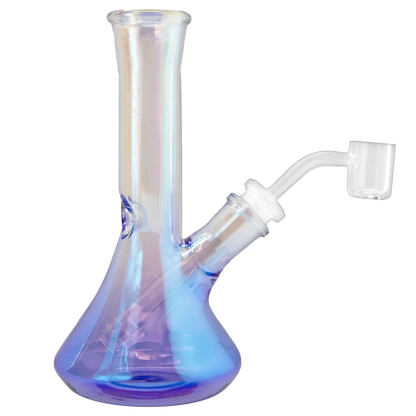 Close-up three-quarter view of the iridescent purple glass Queen of Bud Amethyst 7" Dab Rig showing its beaker base and angled quartz banger.
