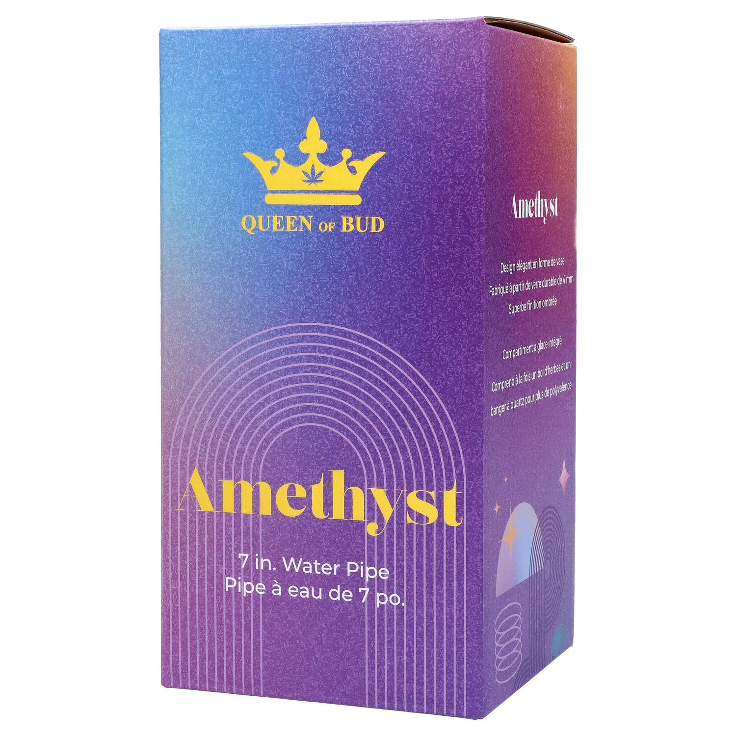 Three-quarter view of the purple box for the Queen of Bud Amethyst 7" Dab Rig showing gold logo and "Amethyst" text.