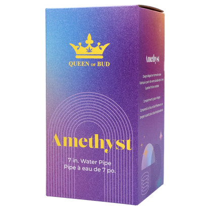 Three-quarter view of the purple box for the Queen of Bud Amethyst 7" Dab Rig showing gold logo and "Amethyst" text.