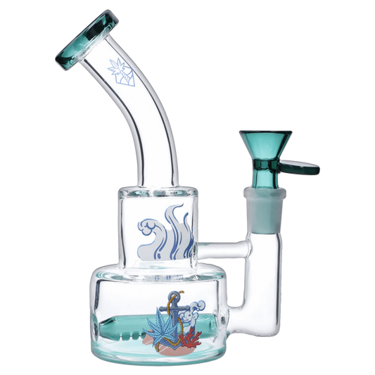 Angled close-up of the Cabana Cannabis Co. Ahoy Dual-Use Water Pipe Teal - 6in showing its curved mouthpiece, teal bowl, and nautical decal on the clear glass.