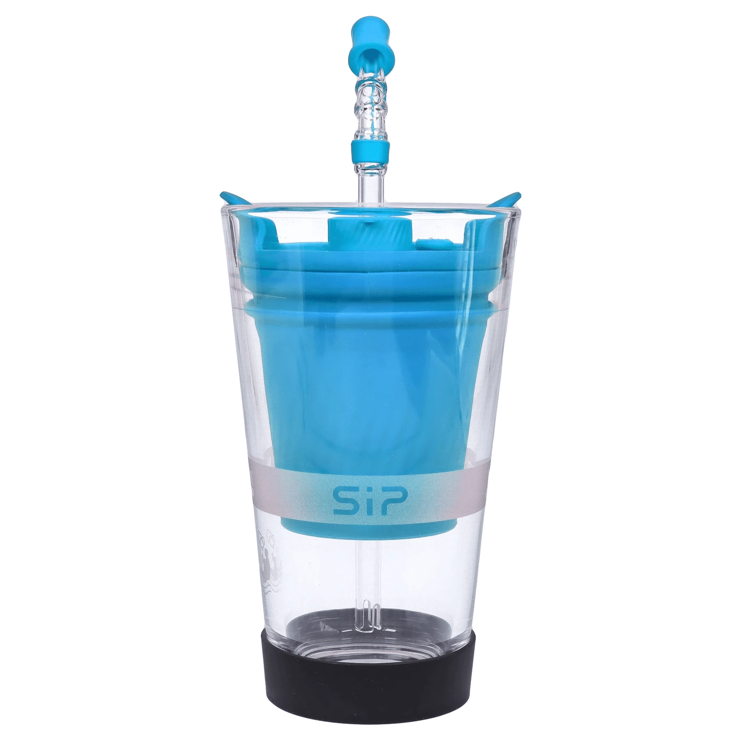 Front-facing close-up of the Yocan Black - Sip Smart Rig - Blue showing the transparent cup with a bright blue inner liner and upright glass mouthpiece.