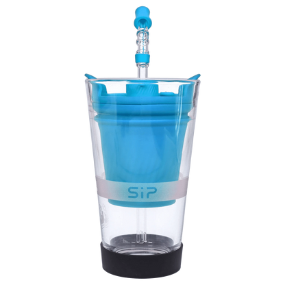 Front-facing close-up of the Yocan Black - Sip Smart Rig - Blue showing the transparent cup with a bright blue inner liner and upright glass mouthpiece.