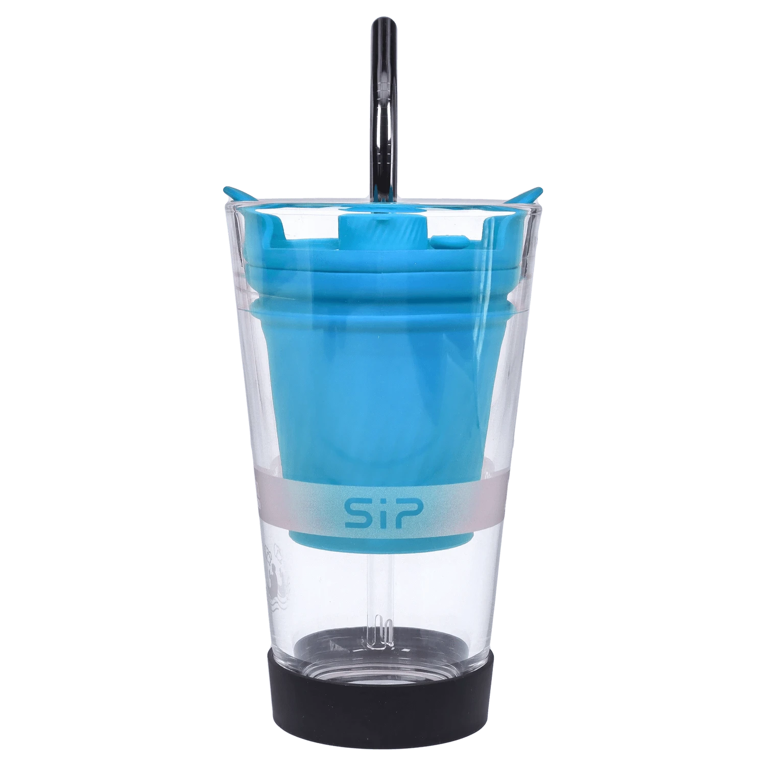 Centered front view of the Yocan Black - Sip Smart Rig - Blue showing its translucent tumbler with a bright blue silicone insert and chrome straw.