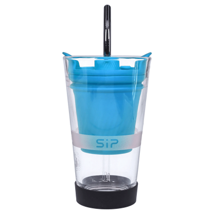 Centered front view of the Yocan Black - Sip Smart Rig - Blue showing its translucent tumbler with a bright blue silicone insert and chrome straw.