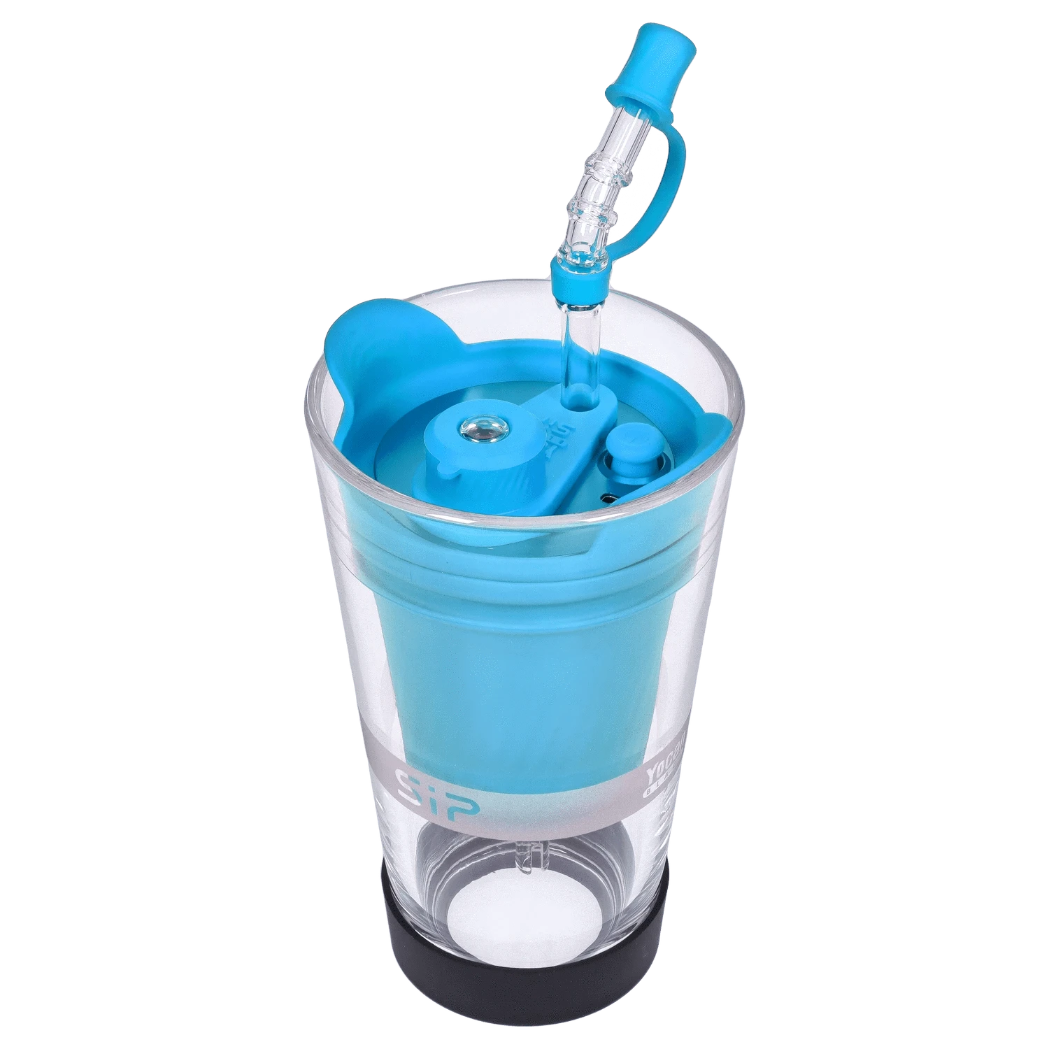 Top-down view of the blue Yocan Black - Sip Smart Rig - Blue showing its clear outer cup, blue silicone inner chamber, and angled glass mouthpiece.