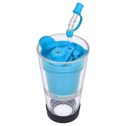 Top-down view of the blue Yocan Black - Sip Smart Rig - Blue showing its clear outer cup, blue silicone inner chamber, and angled glass mouthpiece.