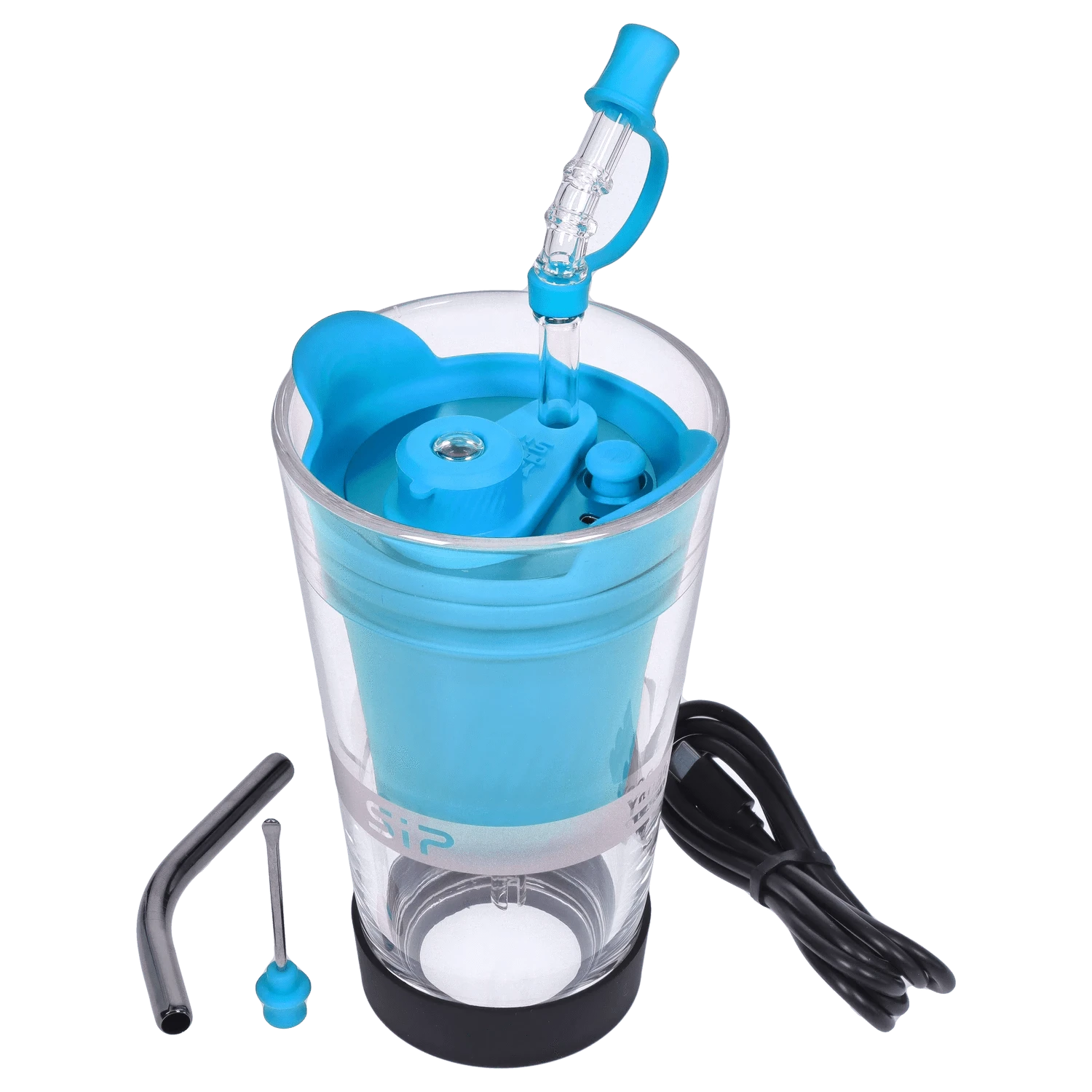 Top-down view of the blue Yocan Black - Sip Smart Rig showing its clear outer chamber, blue silicone inner liner and upright glass mouthpiece.