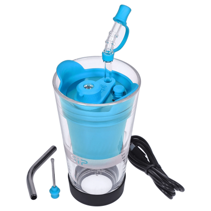 Top-down view of the blue Yocan Black - Sip Smart Rig showing its clear outer chamber, blue silicone inner liner and upright glass mouthpiece.