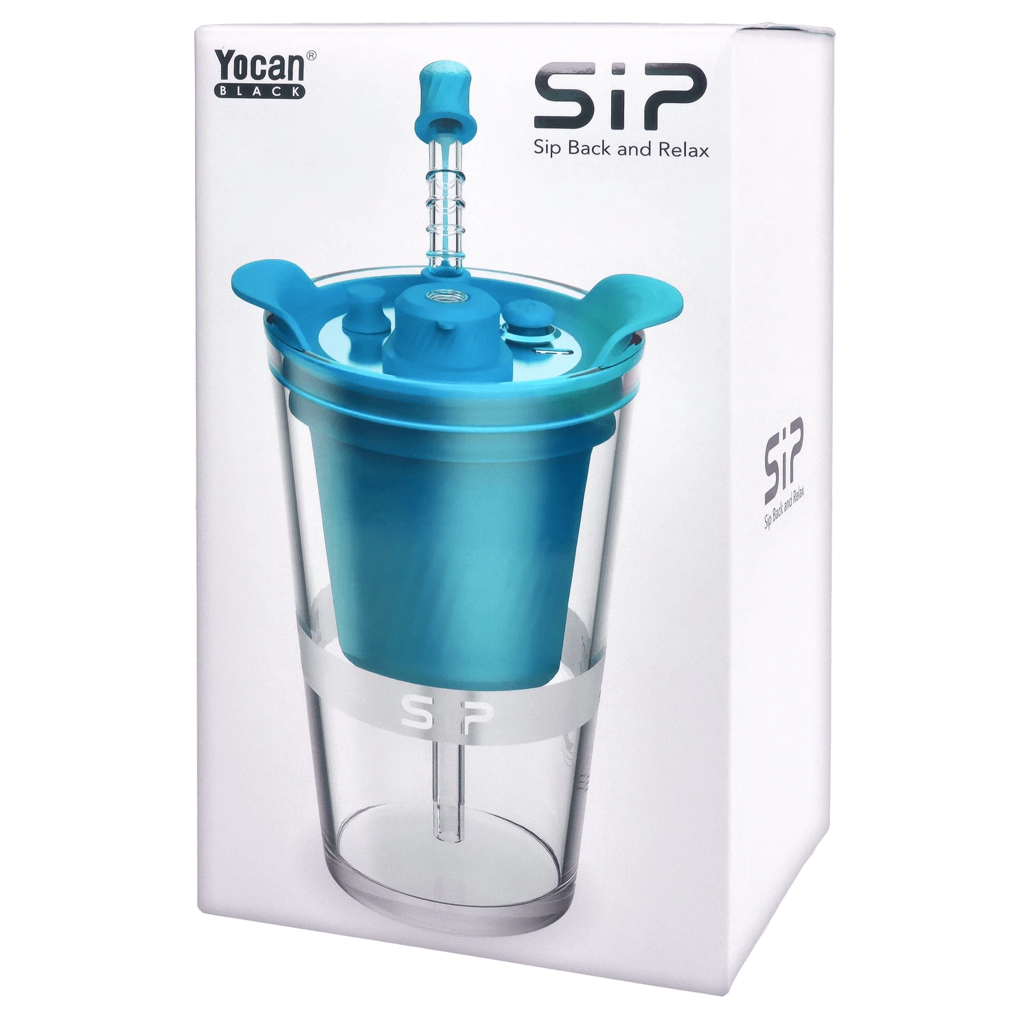 Angled front view of the Yocan Black - Sip Smart Rig - Blue showing its turquoise blue top insert and clear glass body against a white background