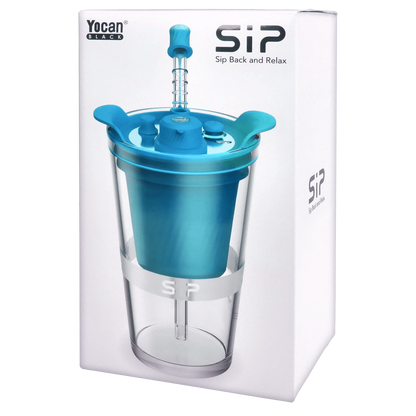 Angled front view of the Yocan Black - Sip Smart Rig - Blue showing its turquoise blue top insert and clear glass body against a white background