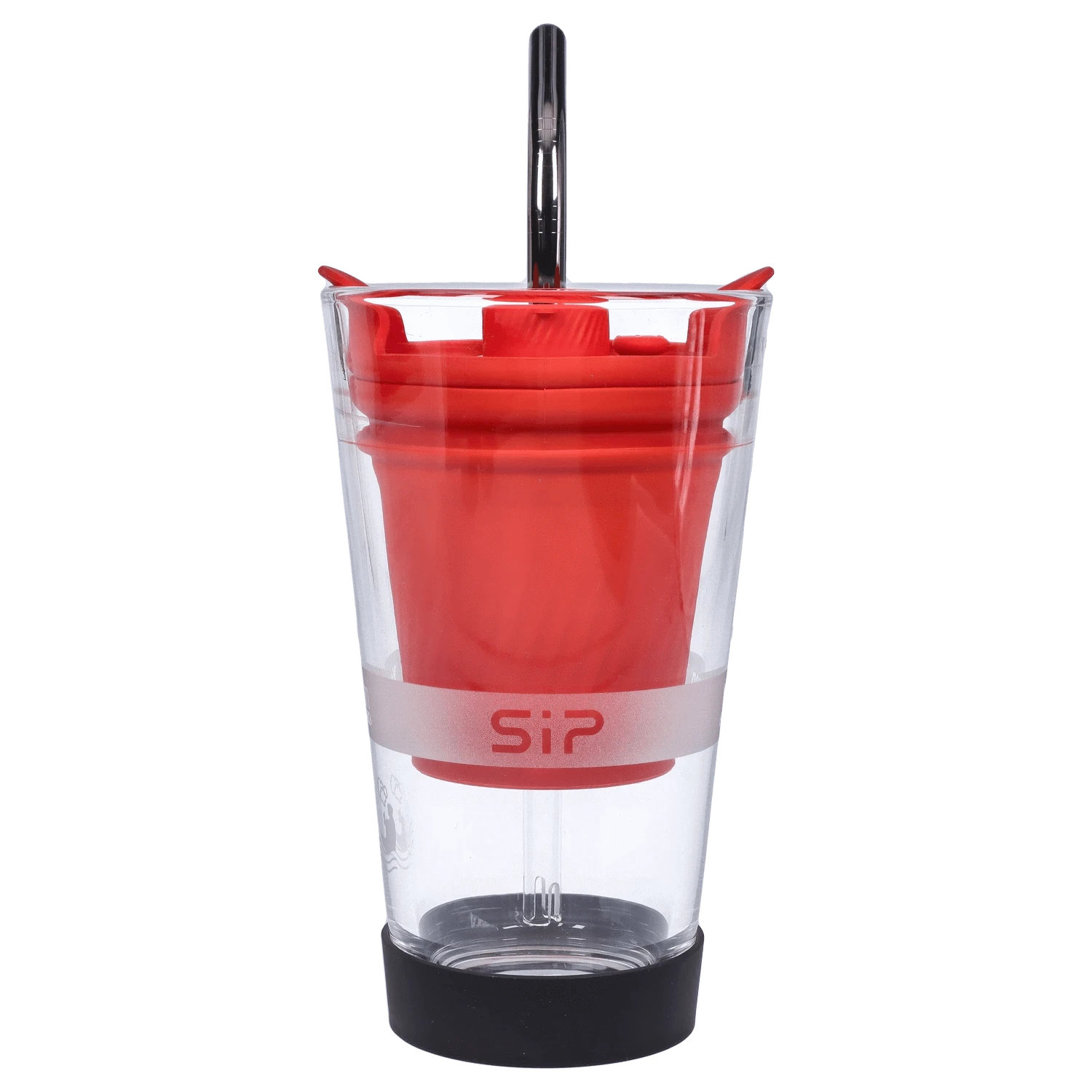 Front view of the Yocan Black - Sip Smart Rig, a red, cylindrical device with a black base and clear glass chamber.