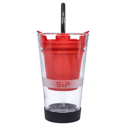 Front view of the Yocan Black - Sip Smart Rig, a red, cylindrical device with a black base and clear glass chamber.