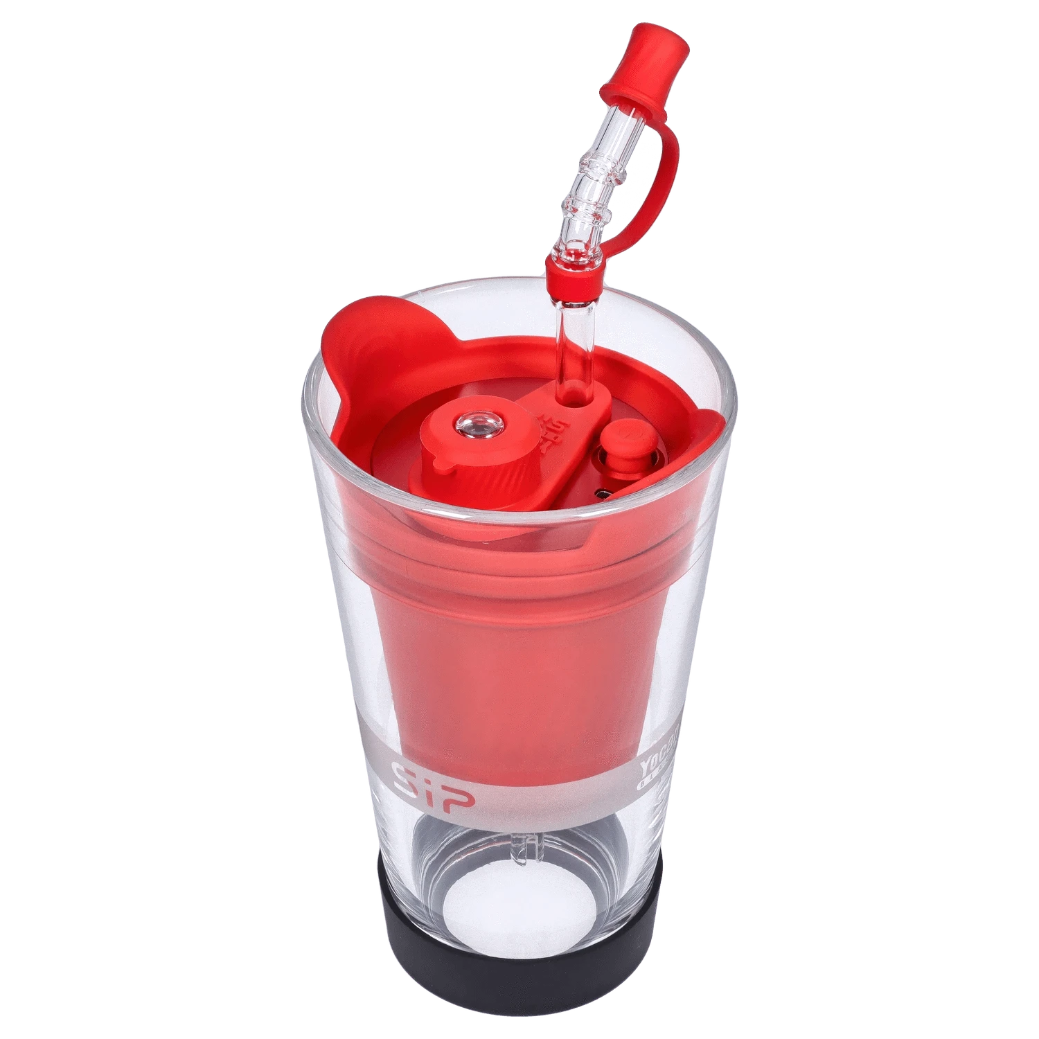 A close-up of the red Yocan Black - Sip Smart Rig, showcasing its transparent body and unique design.