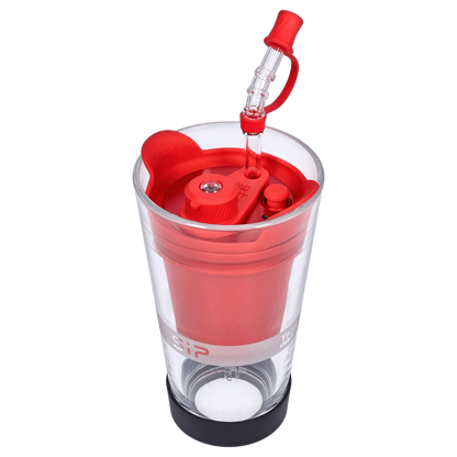 A close-up of the red Yocan Black - Sip Smart Rig, showcasing its transparent body and unique design.
