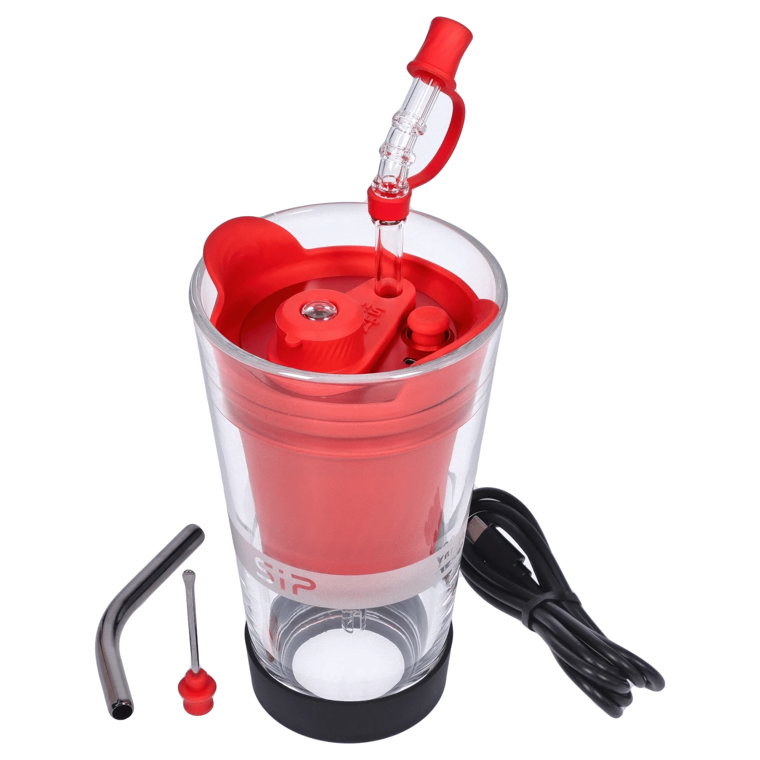 A front view of the red Yocan Black - Sip Smart Rig, highlighting the curved neck and transparent body.