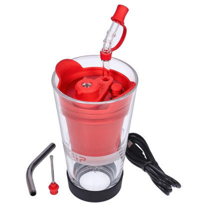 A front view of the red Yocan Black - Sip Smart Rig, highlighting the curved neck and transparent body.