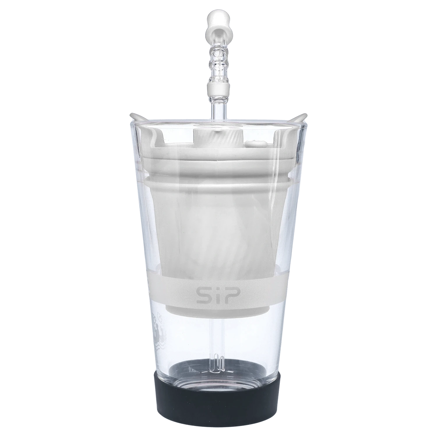 A front view of the Yocan Black - Sip Smart Rig in white, displaying its slender shape and clear glass construction.