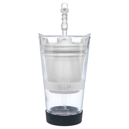 A front view of the Yocan Black - Sip Smart Rig in white, displaying its slender shape and clear glass construction.