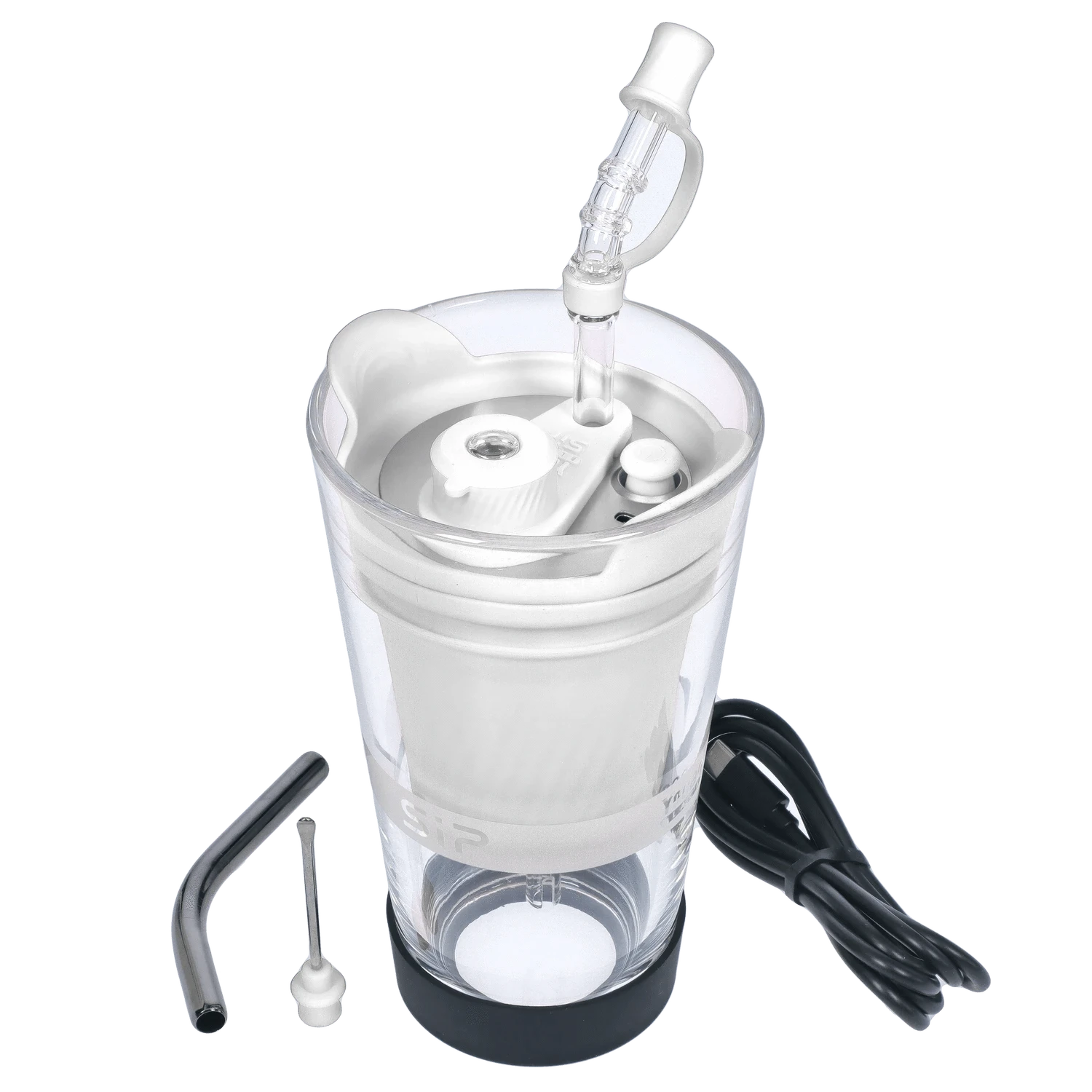 A slightly angled view of the Yocan Black - Sip Smart Rig in white, featuring a glass bubbler and black base.