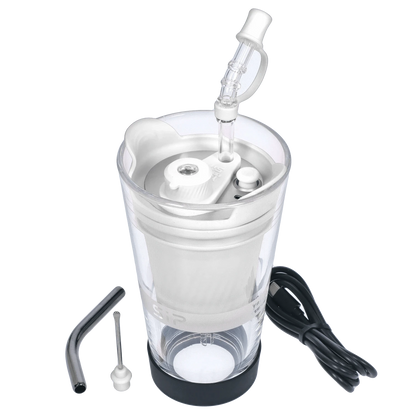 A slightly angled view of the Yocan Black - Sip Smart Rig in white, featuring a glass bubbler and black base.