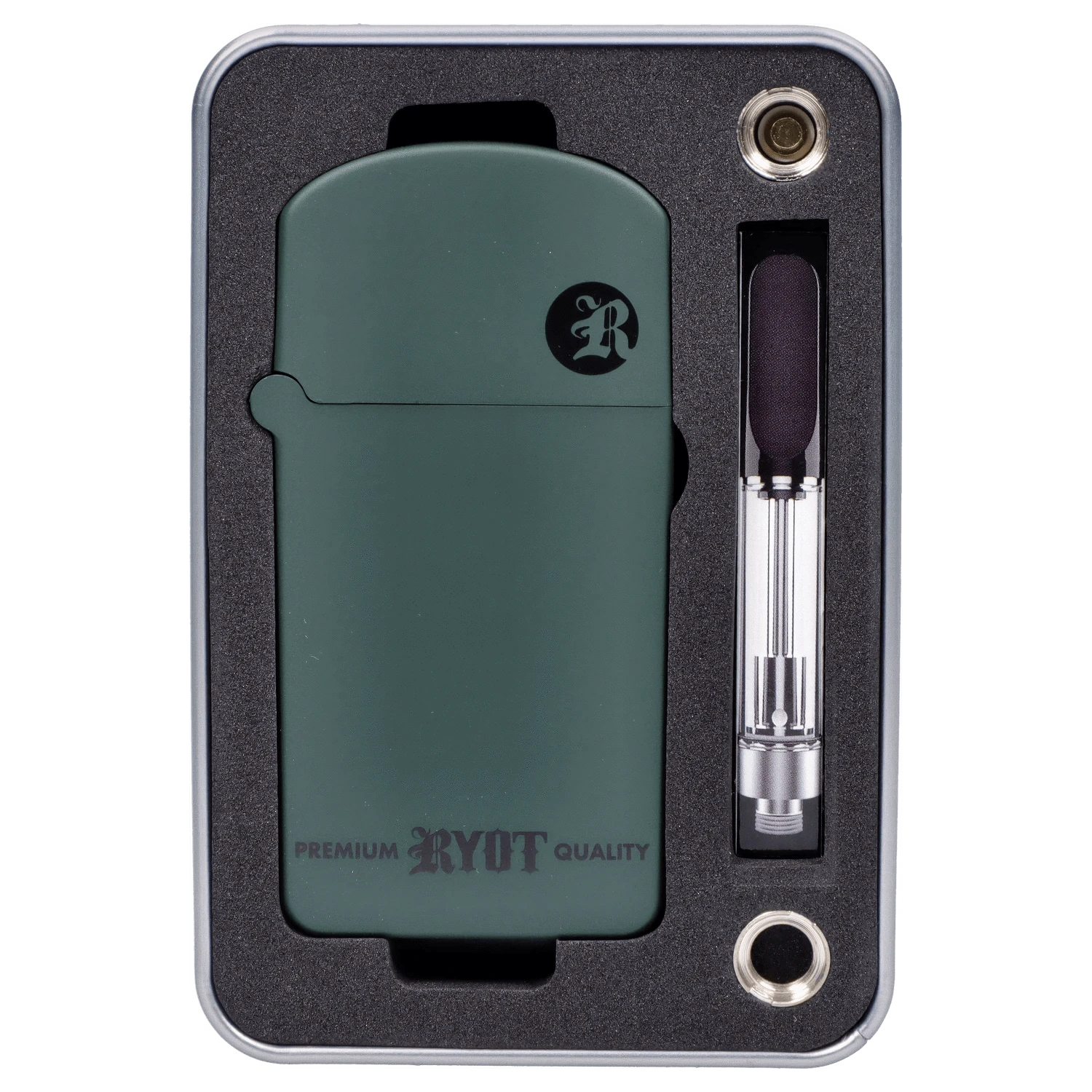Front view of the RYOT - Verb 510 Battery - Olive, displayed in a molded insert with a metallic accent.