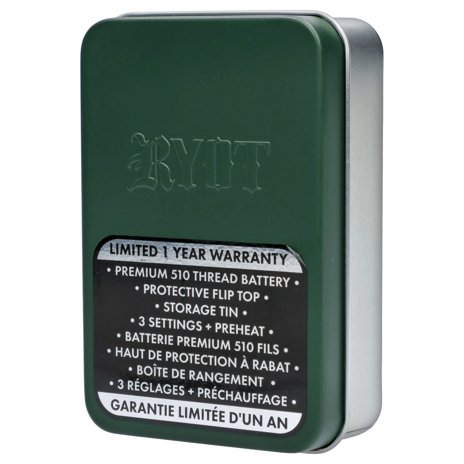Front view of the RYOT - Verb 510 Battery - Olive, a sleek, dark green device set against a solid black background.