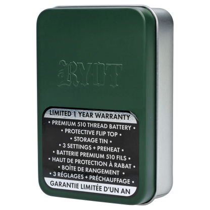 Front view of the RYOT - Verb 510 Battery - Olive, a sleek, dark green device set against a solid black background.