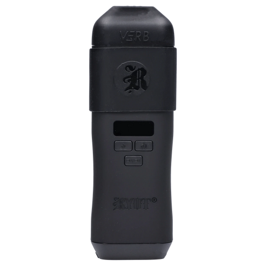 Front view of the black RYOT - Verb Dry Herb Vape, showing its sleek, pen-like design against a plain white background.