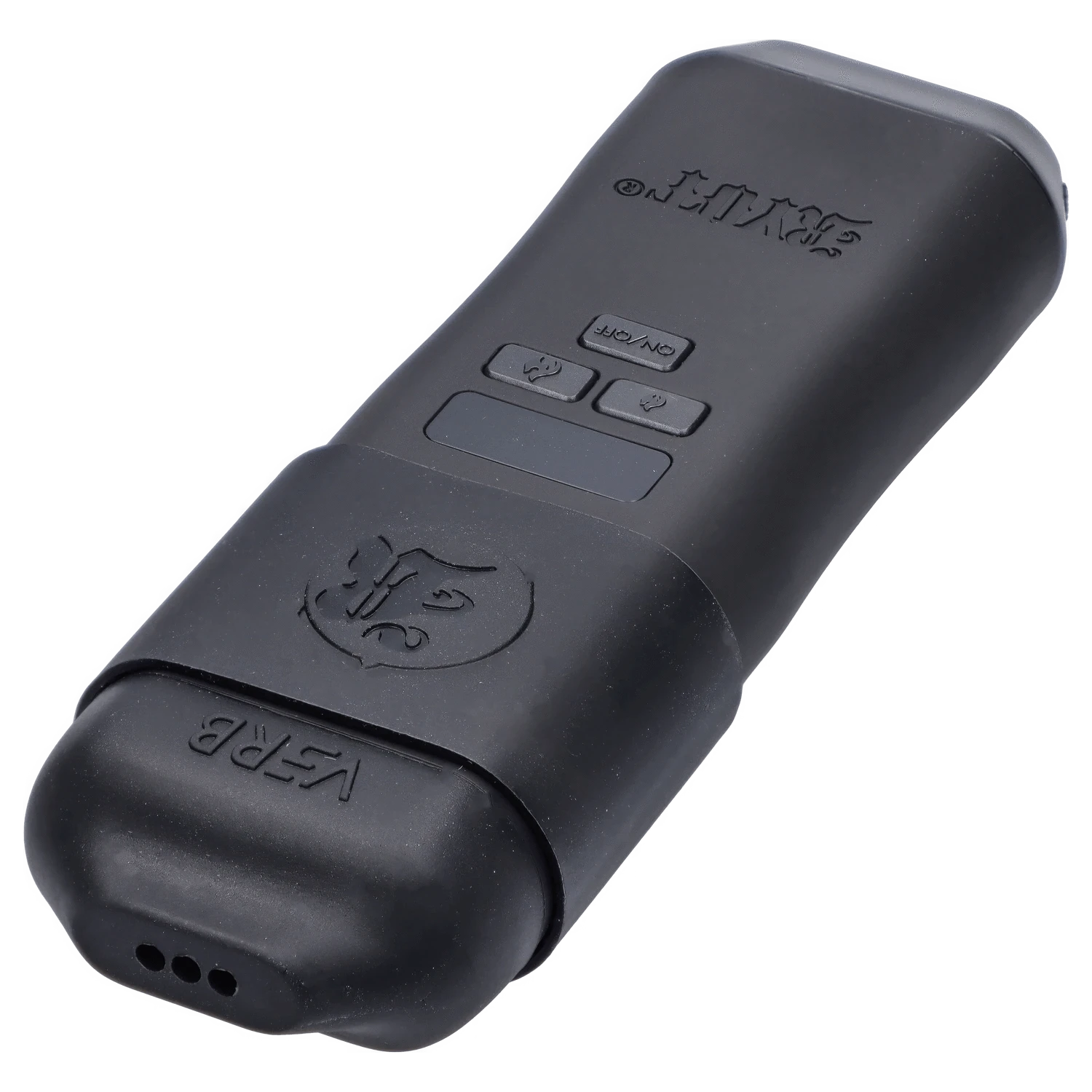 Front view of the black RYOT - Verb Dry Herb Vape, showing its sleek, rectangular form and minimal button details.