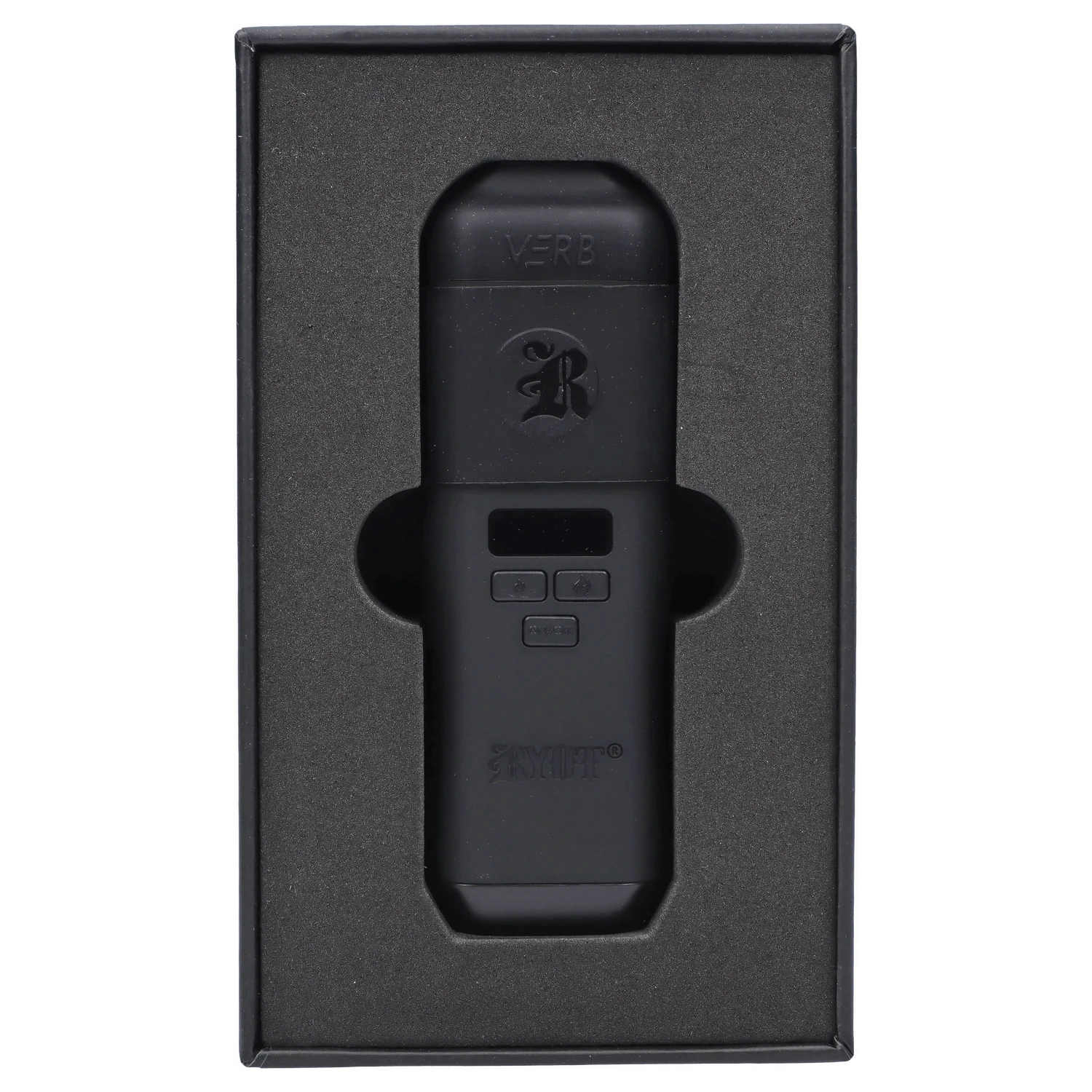 A close-up, angled view of the black RYOT - Verb Dry Herb Vape, showcasing its sleek, minimalist design.