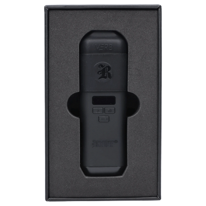 A close-up, angled view of the black RYOT - Verb Dry Herb Vape, showcasing its sleek, minimalist design.