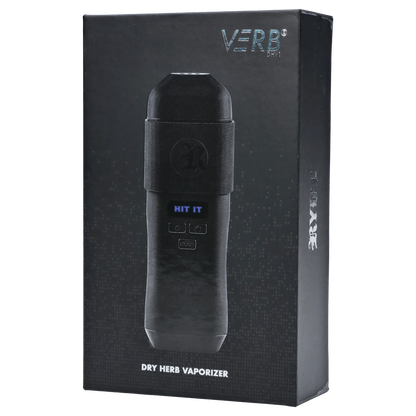 A close-up, angled view of the RYOT - Verb Dry Herb Vape in black, showcasing its sleek, cylindrical design.