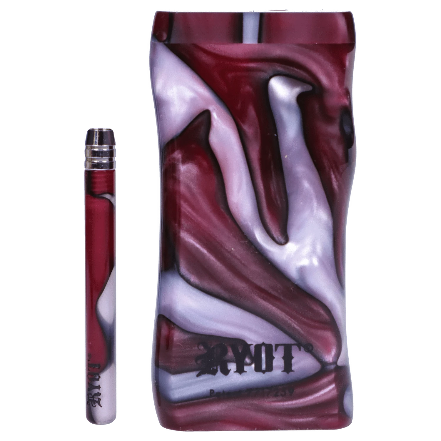 Close-up front view of the RYOT Large 3 in. Acrylic Magnetic Dugout in Purple with Matching Bat showing a glossy marbled purple and white pattern and the RYOT logo.
